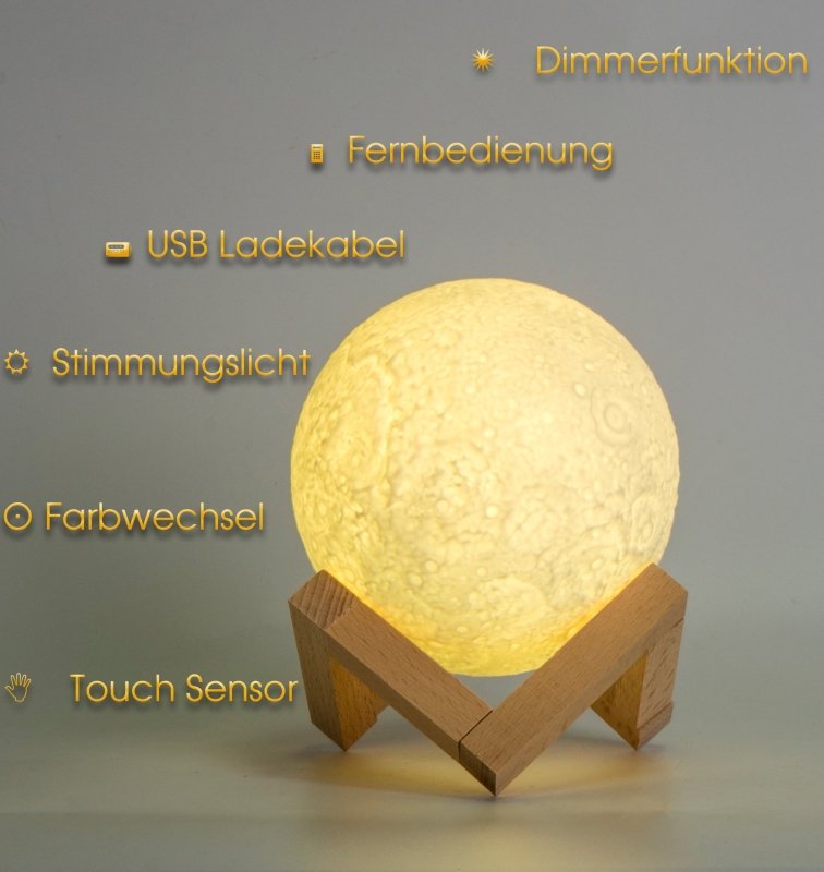 Mond Nachtlicht mit Farbwechsel, Dimmer, Schlummerfunktion | Inkl. Akku + Fernbedienung - Geschenkebuddy